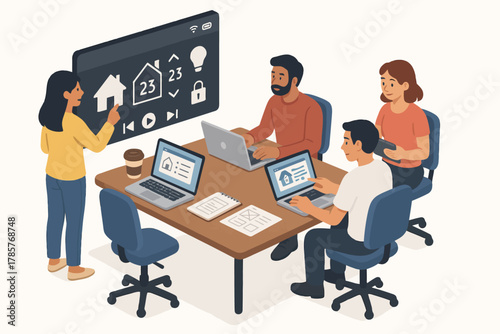 Diverse group collaborating on digital project with laptops and interactive screen