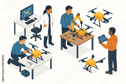 Diverse engineers designing and testing drones in a collaborative lab environment