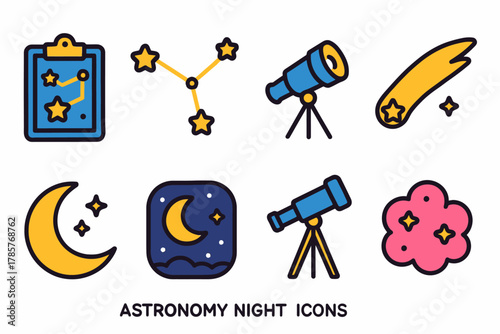 Colorful astronomy night icons with telescopes, constellations, and celestial bodies