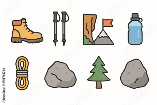 Hiking equipment icons: boot, poles, map, bottle, rope, rocks, tree for outdoor adventures