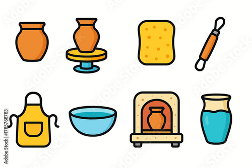 Colorful pottery making elements: vases, tools, and kiln icons on white background