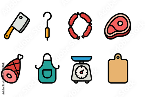 Colorful butchery icons: cleaver, sausages, steak, ham, and kitchen tools