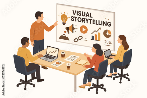 Diverse team engaged in visual storytelling presentation at office meeting