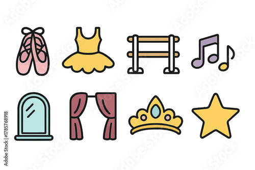 Colorful dance icons: ballet shoes, tiara, music notes, and more