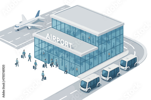 Futuristic airport terminal with autonomous shuttles and passengers