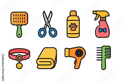 Colorful pet grooming tools set: brush, scissors, shampoo, spray, collar, towel, dryer, comb