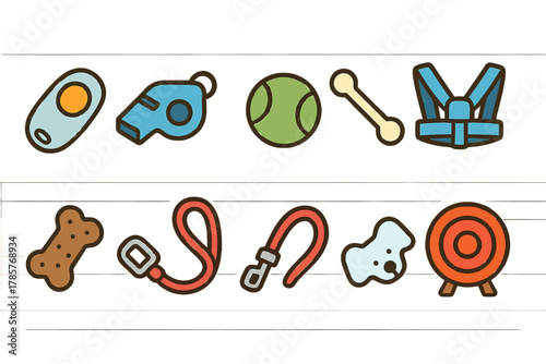 Collection of colorful dog training and pet accessories icons