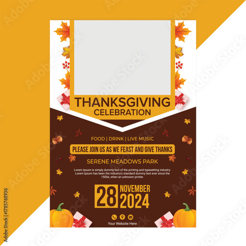 Stylish Thanksgiving Dinner Flyer Template with Autumn Colors, Pumpkins, and Festive Food Illustration Perfect for Seasonal Event, Fall Party, or Holiday Celebration Promotion