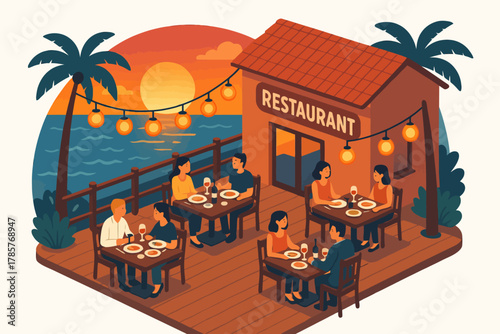 Romantic sunset dinner at seaside restaurant with diverse couples