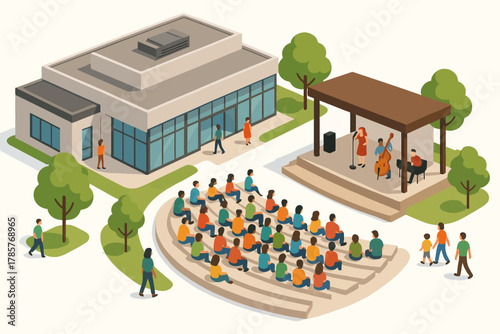 Outdoor concert at park pavilion with diverse crowd and musicians