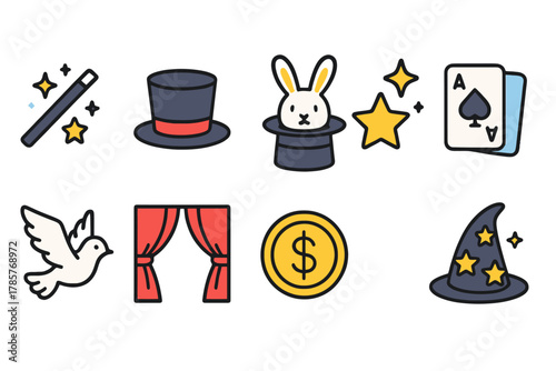 Magic icons collection: wand, hat, rabbit, cards, dove, curtain, coin, wizard hat
