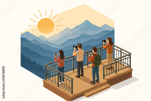Group of young adults photographing mountain view from scenic overlook