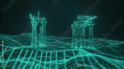Futuristic Digital Rendering of Ancient Architectural Ruins in Teal Color