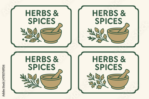 Herbs and spices labels with mortar and pestle illustration