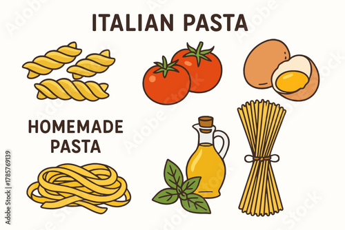 Italian pasta ingredients illustrated: tomatoes, eggs, olive oil, basil, fusilli, spaghetti