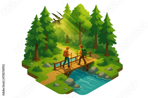 Two young adults hiking in a vibrant forest crossing a wooden bridge