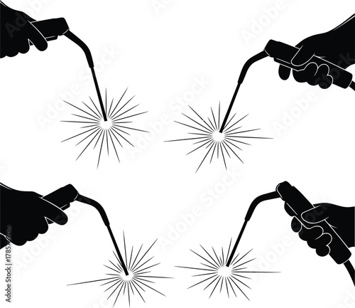 Welding process vector illustration with sparks and hand holding torch eps silhouette