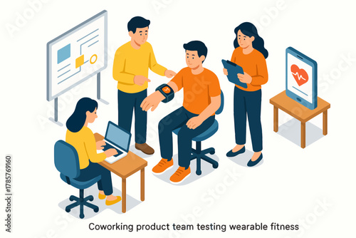 Team testing wearable fitness technology in collaborative workspace