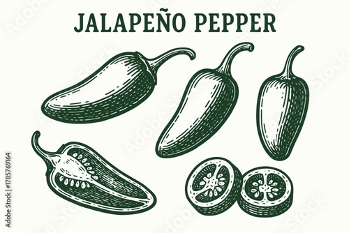 Vintage jalapeño pepper illustration with whole and sliced peppers