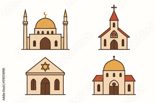 Illustration of religious buildings: mosque, church, synagogue, cathedral symbols