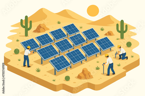 Isometric solar farm with workers installing panels in desert setting