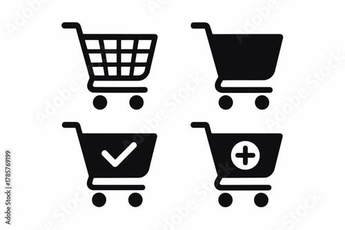 Set of shopping cart icons featuring checkmarks and add symbols