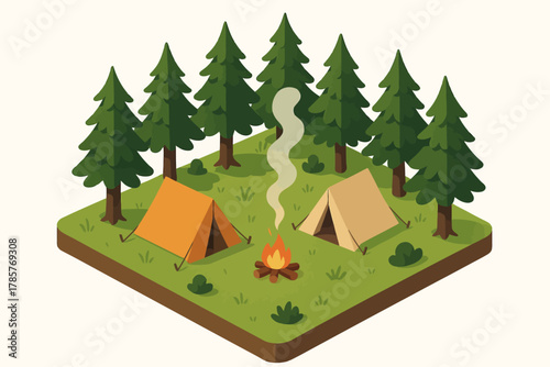 Peaceful forest camping with tents and campfire in a pine tree clearing