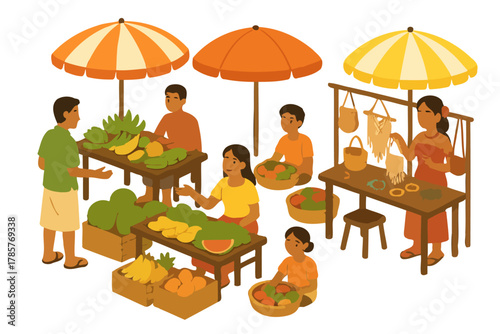Vibrant street market scene with asian adults and children selling tropical fruits and handicrafts