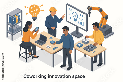 Diverse team collaborating in modern coworking space with technology and robotics