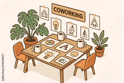 Illustrated coworking space with desk, plants, and design sketches