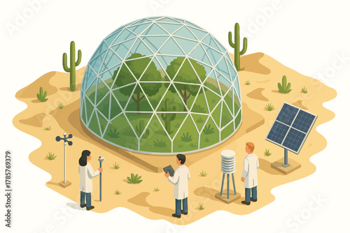 Scientists study sustainable eco-dome in desert environment with solar panels