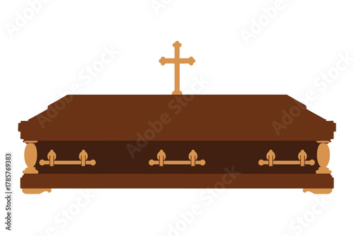 Brown coffin with a cross vector illustration of a closed casket isolated on white background