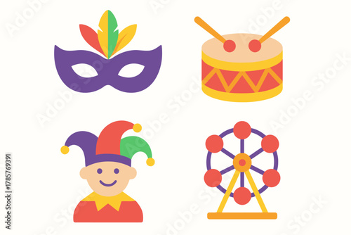 Carnival symbols: mask, drum, jester, ferris wheel icons in bright colors