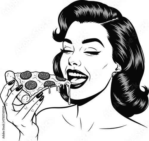 Woman eating pizza slice illustration black and white pop art style eps silhouette