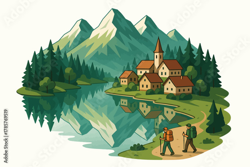 Scenic mountain village hike by the lake with two hikers