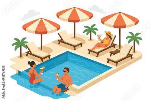 Tropical pool relaxation scene with diverse adults enjoying cocktails and sunbathing