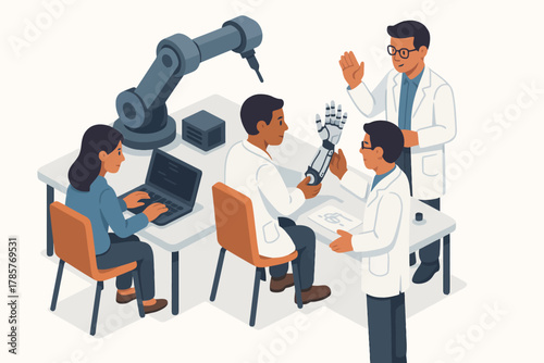 Team of diverse scientists collaborating on robotic prosthetic arm development
