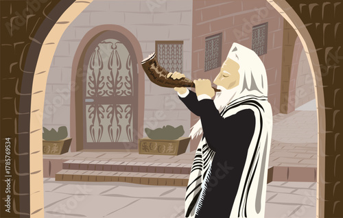 Blowing the shofar in the Old City of Jerusalem.
A Hasidic, observant man, dressed in a white tallit, an Orthodox Jew with a beard, Illustration, detailed, Rosh Hashanah,
Jewish ancient music horn