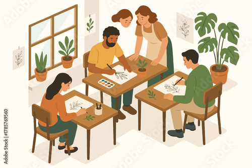 Diverse group of adults engaged in art class with plants and paints