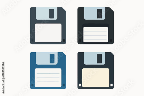 Retro floppy disks set with blue and black variations for data storage
