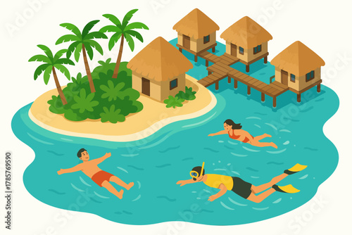 Tropical island paradise with overwater bungalows and swimmers in vibrant blue ocean