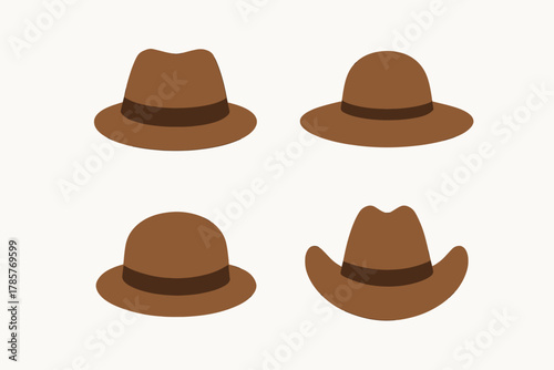 Four brown hats with different shapes and wide brims on white background