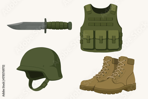 Military gear set with helmet, knife, protective vest, and boots illustration