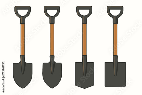 Set of four different shovel designs with wooden handles