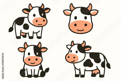 Cute cartoon cow illustrations with various expressions and poses
