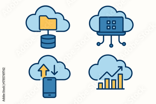 Cloud computing icons: data storage, security, mobile access, and analytics