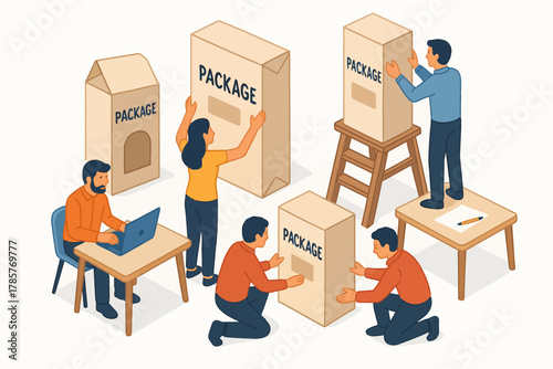 Team of diverse adults collaborating on package design and assembly project