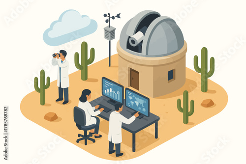 Scientists at desert observatory with telescopes and computer monitors