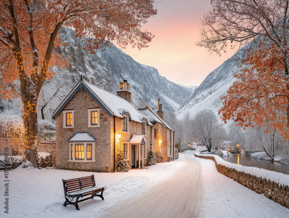 Fototapeta premium Cottage in the snow in the uk