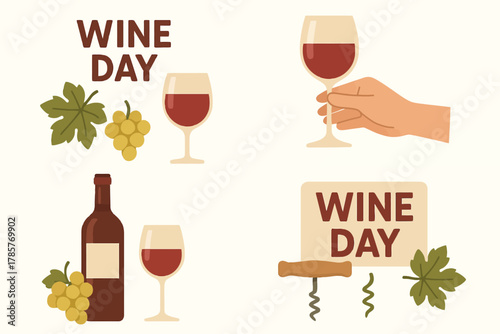 Wine day celebration with glasses, grapes, and bottles in minimalist design